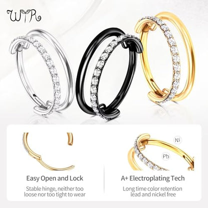 G23 Titanium Conch Piercing Jewelry Hoop: 16G 8mm/10mm/12mm Diamond Cartilage Earring Helix Double Piercing Hoop Septum Rings Hypoallergenic Nose Rings Hinged Segment Clicker Lip Rings Rook Daith Tragus Earrings - color: Gold-Double Layers, One Row CZ