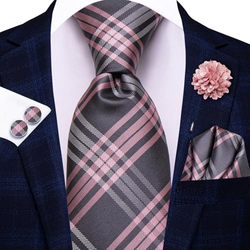 Hi-Tie Men's Silk Ties Formal Woven Classic Necktie Pocket Square Cufflinks Lapel Pin Set Wedding Business - color: A Grey and Pink
