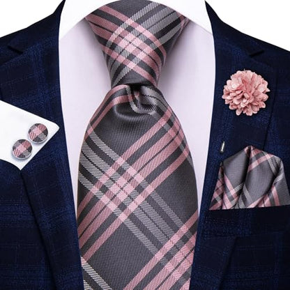 Hi-Tie Men's Silk Ties Formal Woven Classic Necktie Pocket Square Cufflinks Lapel Pin Set Wedding Business - color: A Grey and Pink