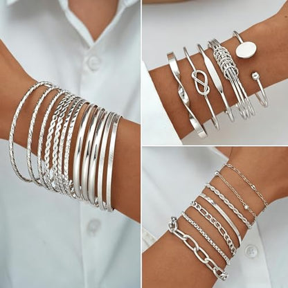17 MILE 78 Pieces Gold Jewelry Set for Women, 9 Necklace, 24 Bracelet, 22 Earrings, 23 Knuckle Rings Gold Plated Jewerly set for Women Gift - color: silver Jewelry Set-chunky