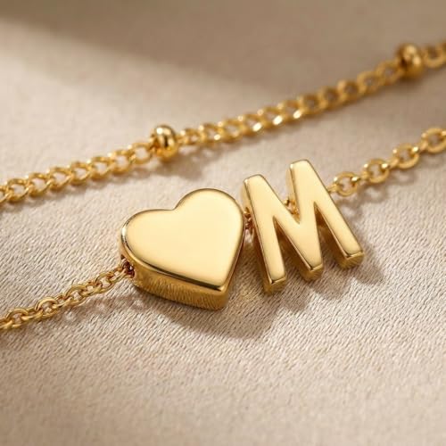 Gold Plated Layered Initial Charm Bracelet for Women - Personalized A-Z Letter Jewelry with Satellite Chain, Adjustable Bracelet Gift for Her, Everyday Wear - color: Gold-M