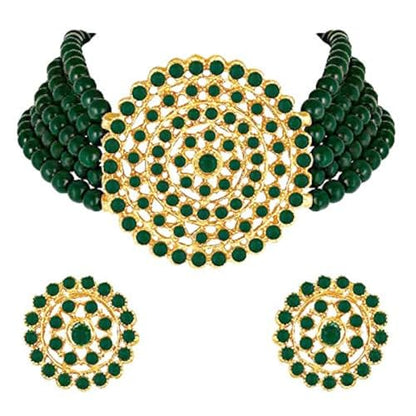 Aheli Pearl Diamond Choker Necklace & Round Earrings Gift for Women Indian Traditional Bollywood Fashion Bharatanatyam jewellery set - color: Green 2