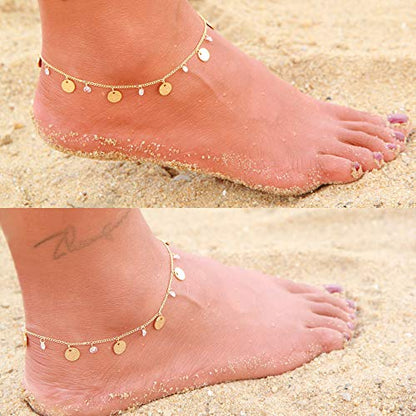 LOYATA Dainty Ankle Bracelet,14K Gold Plated Tiny Bead Anklet Dainty White Cubic Zirconia Cross Tassel Foot Chain Cute Lucky Moon Evil Eye Foot Jewelry Boho Anklets for Women - color: Moon 1