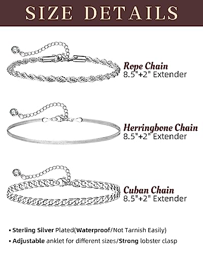 Sterling Silver Ankle Bracelets for Women Strong Lobster Clasp - Cuban Link, Figaro, Rope, Flat Mariner, Snake Herringbone, Satellite, Paperclip - Summer Beach Waterproof Silver Anklet - color: Curb, Snake, Rope