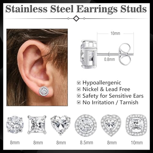 ONESING 6 Pairs Stud Earrings for Women 14K Gold/Silver Plated Hypoallergenic Cubic Zirconia Earrings Studs Stianless Round Square Heart CZ Stud Earrings Set for Women Men - color: Silver