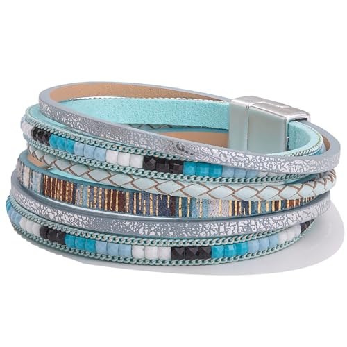 Boho Layered Leather Wrap Bracelets Chunky Western Country Hippie Jewelry | Stackable Bohemian Cowgirl Magnetic Clasp Cuff Bangle Set Fashion Stack Statement Festival Trendy Jewelry Gifts for Women - color: Teal