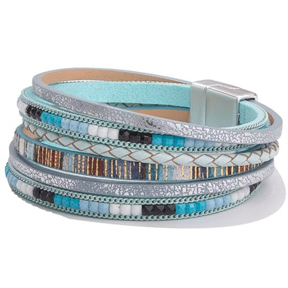 Boho Layered Leather Wrap Bracelets Chunky Western Country Hippie Jewelry | Stackable Bohemian Cowgirl Magnetic Clasp Cuff Bangle Set Fashion Stack Statement Festival Trendy Jewelry Gifts for Women - color: Teal