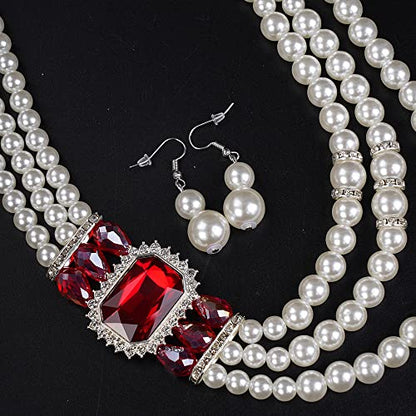 Aimimier 1920s 3-layered White Faux Pearl Necklace and Earrings Set with Crystal and Rhinestone Bridal Long Pearl Necklace Statement Women Jewelry - color: Ruby