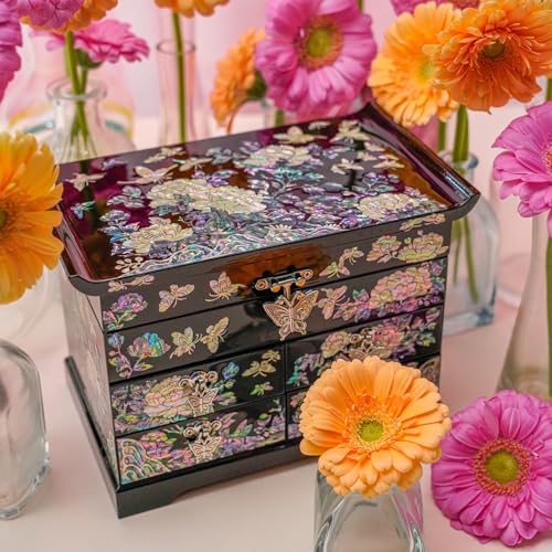 February Mountain Mother of Pearl Jewelry Box with Traditional Mother of Pearl Inlay - Elegant Floral and Butterfly Design for Her - style: Black
