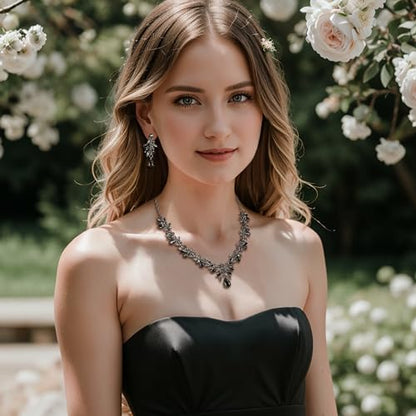 Women's Wedding Jewelry Set Leaf Flower for Bridal Prom Party | Stunning Crystal Teardrop Marquise Cluster Pendant Necklace Dangle Earrings Set for Bride Bridesmaid - color: Black Black-Tone