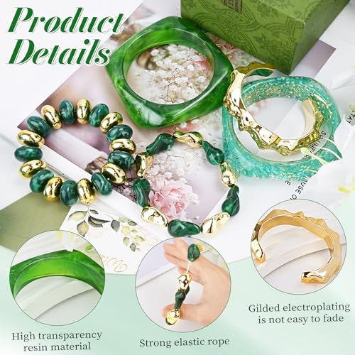 Acrylic Resin Bangle Bracelets for Women | Chunky Boho Stackable Geometric & Marbled Statement Jewelry | Lightweight Everyday Gift Set - color: Green