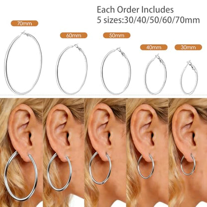 5/8 Pairs Gold Silver Hoop Earrings for Women Stainless Steel Jewelry Set | 30 40 50 60 70 mm, 14K Gold Plated Stainless Steel, Hypoallergenic, Lightweight, Thin, Small Medium Large Dangle - color: 5 Pair/Silver (30/40/50/60/70mm)