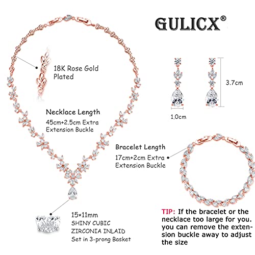 GULICX Wedding Jewelry for Bride, Silver Bridal Necklace Earrings Bracelet Set with Clear Cubic Zirconia, Bridemaids Jewelry Set for Wedding, Crystal Wedding Party Jewelry Set for Women Girls - color: Rose gold Plated