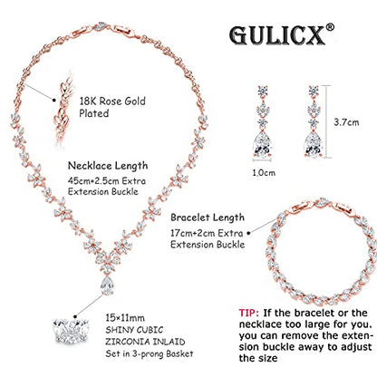 GULICX Wedding Jewelry for Bride, Silver Bridal Necklace Earrings Bracelet Set with Clear Cubic Zirconia, Bridemaids Jewelry Set for Wedding, Crystal Wedding Party Jewelry Set for Women Girls - color: Rose gold Plated