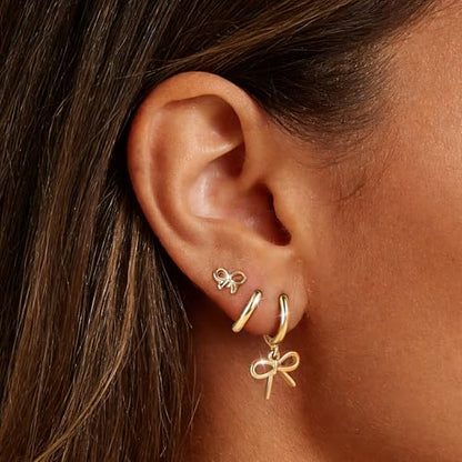 14K Gold Hoop Dangle Stud Earrings Surgical Steel Helix Piercing | Hypoallergenic,Cubic Zirconia,3 Pairs Huggie Hoop Set for Women,Dangle Stud,Cartilage Tragus Conch Earring,Jewelry Gift - color: B1-Gold Bow Earrings