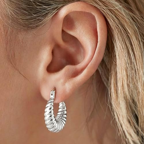 Gold Hoop Earrings for Women, 18K Gold Plated Chunky Huggie Hoop Earrings for Women Jewelry Gifts - color: Croissant Silver