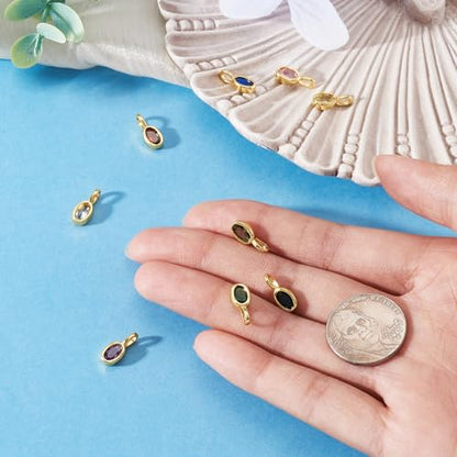 9Pcs Oval Brass Cubic Zirconia Charms Crystal Birthstone Dangle Charms Golden Brass Necklace Pendants for DIY Earring Bracelet Craft Jewelry Making Ornament 12x5x4mm - color: Oval