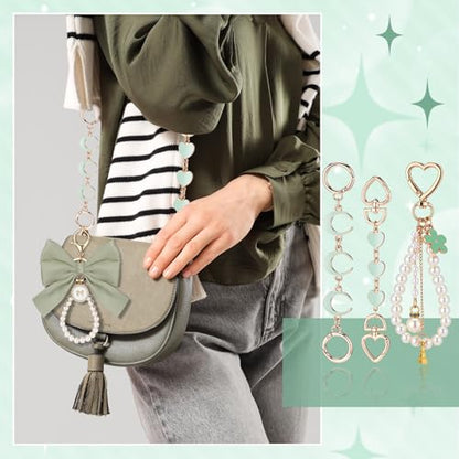 Sureio 5 Pcs Bag Extender Chain Pearl Purse Chain Ribbon Bow Keychain Extender Bag Strap Purse Charms Accessories for Handbag - color: Green and Gold