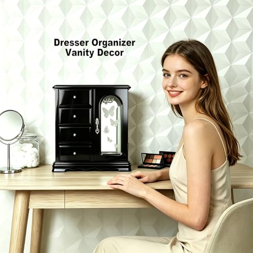 RR ROUND RICH DESIGN Solid Wood Jewelry Box Black | Large Organizer with 4 Drawers, Built-in Necklace Carousel & Large Mirror, - style: Fashion Black