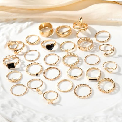 HUASAI Gold Stackable Rings Set for Women Boho Dainty Moon Star Pearl Leaf Cubic Zirconia Heart Midi Pinky Trendy Jewelry Birthday Gifts - color: B13 Gold Rings 27 Pcs
