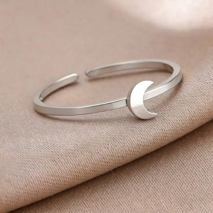 Sun and Moon Rings Stainless Steel Crescent Sun Rings for Women Gold Open Ring Middle Index Finger Jewelry Gift - color: C-Silver Moon