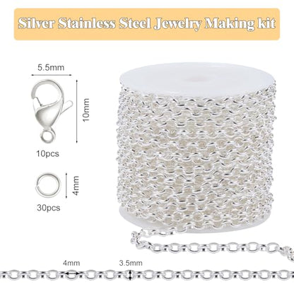 GTVOODX 16.4 Feet Silver Stainless Steel Chain Bulk for Permanent Jewelry | Rolo Link Cable Chains Roll Spool for DIY Necklace Bracelet Jewelry Making - color: Silver Rolo Chains