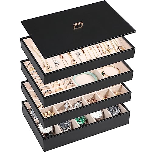 Voova Stackable Jewelry Organizer Tray with Lid (Set of 4, Black) | Stackable PU leather jewelry trays with drawer inserts for earrings, rings, necklaces, bracelets and watches; set of 4 - color: Black