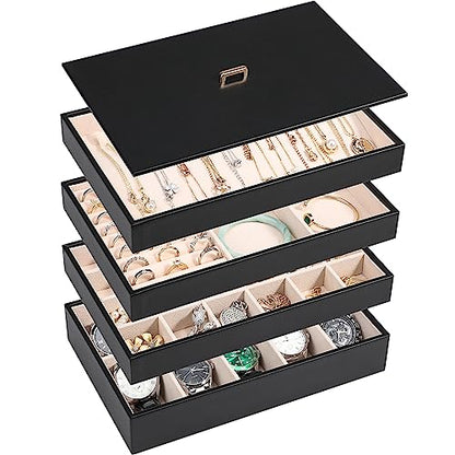 Voova Stackable Jewelry Organizer Tray with Lid (Set of 4, Black) | Stackable PU leather jewelry trays with drawer inserts for earrings, rings, necklaces, bracelets and watches; set of 4 - color: Black