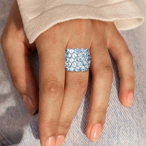 925 Sterling Silver Pave Birthstone Chunky Statement Rings for Women Men | 14K Gold Plated/Silver Large Dome Ring Birthday Cocktail Jewelry,Size 6 to 10(with Gift Box) - color: 03-Created Aquamarine-Mar.
