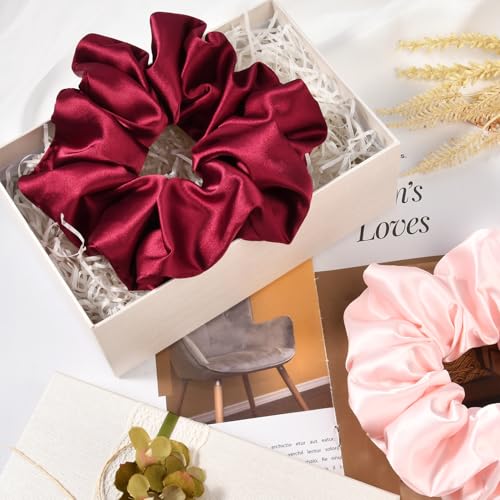 2 PCS Burgundy Pink Jumbo Satin Silky Scrunchies 6.5 Inches Oversized Scrunchie Extra Large Big Hair Ties Ponytail Holder for Thick Curly Hair Women (Burgundy, Pink) - color: Burgundy, Pink