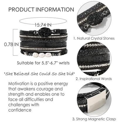 Artilady Leather Wrap Bracelet for Women, Pearl Beaded Bangle Stack Jewelry | Easy on-off, Elegant Handmade Multi-Layered, Daily Casual Date Beach Vacation, Gift for Ladies, Mother, Sister & Friend - style: So She Did, Black