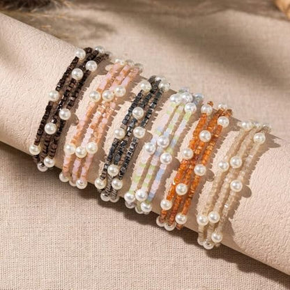 Boho Crystal Glass Beaded Stretch Bracelet Set, Stackable Multilayer with Faux Pearl, Handmade Friendship Jewelry for Women - color: Khaki