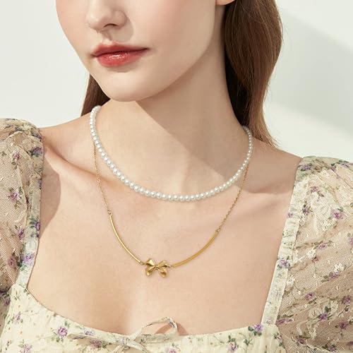 Gold Pendant Pearl Layered Choker Necklace Set for Woman, Chunky Charm Adjustable Pearls Bead Gemstone Shell Conch Tiger Eye Natural Stone Bow Chain Nacklaces Fall Fashion Prom Jewelry Gift. - color: Bow