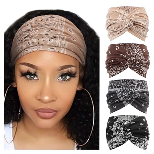 DRESHOW 4 Pack Turban Headbands for Women Wide Vintage Head Wraps Knotted Cute Hair Band Accessories - color: 4 Pcs Printed: Set Aa