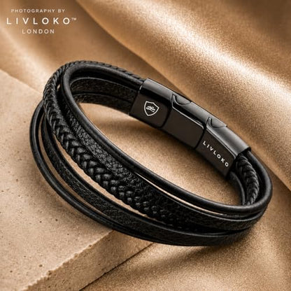 LONDON Mens Bracelet Leather Black Multi-Layer Stone Beads Adjustable Steel Clasp Viking Rope Bands Surfer Man Wristband Male UK Jewellery Gift box Boyfriend Dad Son Brother Tiger Eye - color: C. 19-22cm Black Leather Adjustable, size: Medium to Large 20-