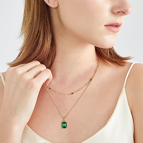 Gold Layered Necklaces for Women, 18k Gold Plated Crystal Necklace Paperclip Choker Emerald Green Jewelry for Women Gifts - color: Green