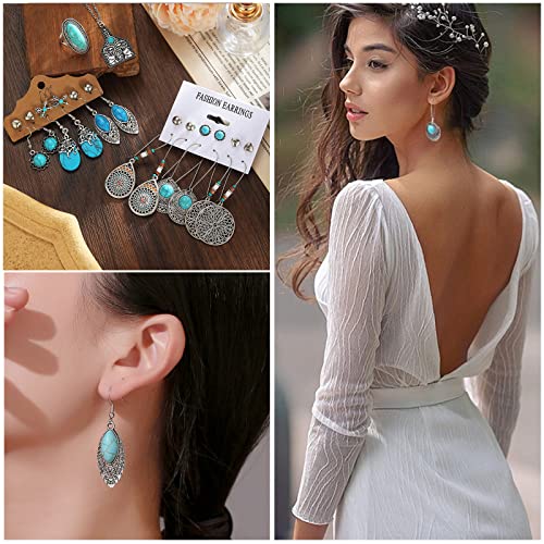 IFKM Bohemian Jewelry Set With Turquoise Necklace, Dangle Earrings, Stackable Bangle Bracelets, Knuckle Rings For Women Vintage Western Boho Turquoise Anniversary Birthday Friendship Gift - style: Western cowboy