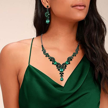 EVER FAITH Rhinestone Crystal Bridal Floral Wave Teardrop Necklace Earrings Set - color: 2pcs_Green Black-Tone