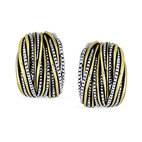 Two Tone Caviar Bead Braided Crossover Wire Clip On Earrings For Women Non Pierced Ears Oxidized Rhodium Plated 14K Yellow Gold Plated