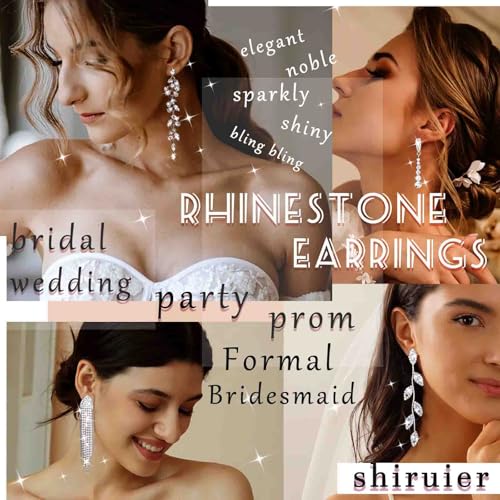Wedding Long Rhinestone Earrings Silver Crystal Dangle Earring Diamond Cubic Zirconia Bridal Drop Sparkly Tassel Cz Brides Stud Shiny Statement Formal Bridesmaid Party Prom Jewelry Women