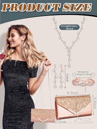 Henoyso 5 Pcs Purse Rhinestone Jewelry Set Prom Jewelry Rhinestone Clutch Purse Necklace Earrings Bracelets for Women Bride - color: Rose Gold