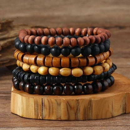 Mens Beaded Bracelets Tribal Wooden Elastic Adjustable Prayer Beads Wrap Cuff for Women - color: F: 6pcs