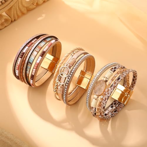 Sanfenly Leather Wrap Bracelets for Women,Boho Wrap Bracelets Leather Cuff Bangle Beads Bracelets Stackable Western Bracelets Jewelry for Women (Gold/Black/Gray/Turquoise) - color: Gold Leather