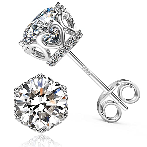 Round Cut Cubic Zirconia Stud Earrings for Men Women | Brilliant CZ Simulated Diamond, 18K White Gold Plated Sterling Silver, Hypoallergenic - color: Silver