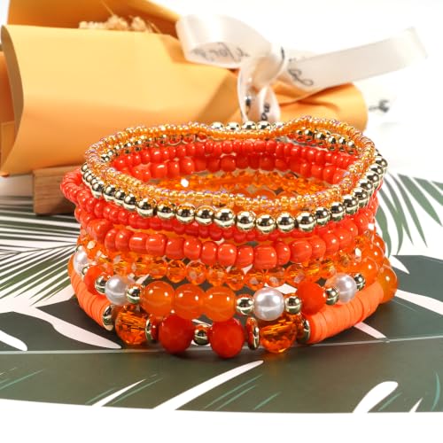 7Pcs Bohemia Multilayer Stackable Crystal Beaded Bracelet Set Multicolor Surfer Heishi Clay Gold Beaded Friendship Stretch Bracelets for Women Men Summer Beach Boho Vacation Jewelry Gifts - color: Z-Orange