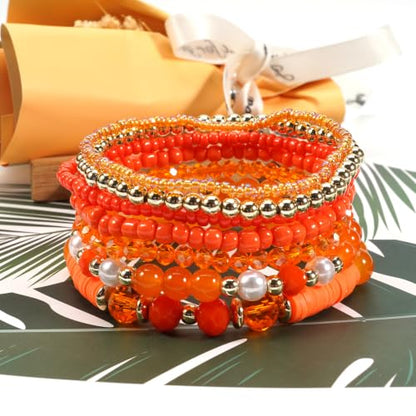 7Pcs Bohemia Multilayer Stackable Crystal Beaded Bracelet Set Multicolor Surfer Heishi Clay Gold Beaded Friendship Stretch Bracelets for Women Men Summer Beach Boho Vacation Jewelry Gifts - color: Z-Orange