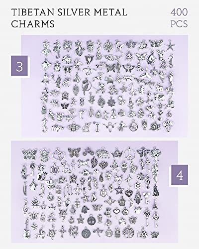 400 PCS Wholesale Bulk Lots Jewelry Making Charms Mixed Smooth Tibetan Silver Alloy Charms Pendants DIY for Bracelet Necklace Jewelry Making and Crafting