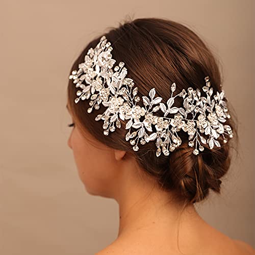 Silver Hairband for Wedding, Big Flower Vine Leaf Headband Rhinestone Headpiece for Bride Bridesmaid Flower Girl Wedding Prom Birthday Party - color: Silver