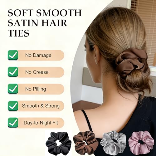 Big Satin Scrunchies for Women, 5.2 Inches Large Scrunchie, Silk Elastic Ponytail Holders for Girls, Jumbo Hair Ties for Thick/Curly Hair, Soft Scrunchy No Crease No Pilling, 4 Pack - color: Black+Coffee