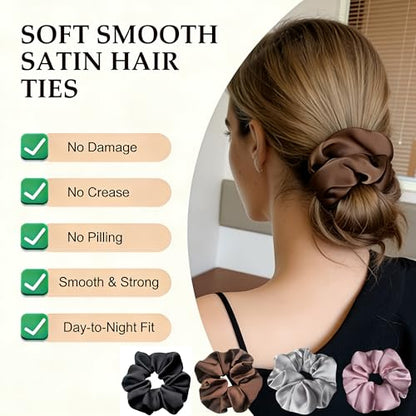 Big Satin Scrunchies for Women, 5.2 Inches Large Scrunchie, Silk Elastic Ponytail Holders for Girls, Jumbo Hair Ties for Thick/Curly Hair, Soft Scrunchy No Crease No Pilling, 4 Pack - color: Black+Coffee